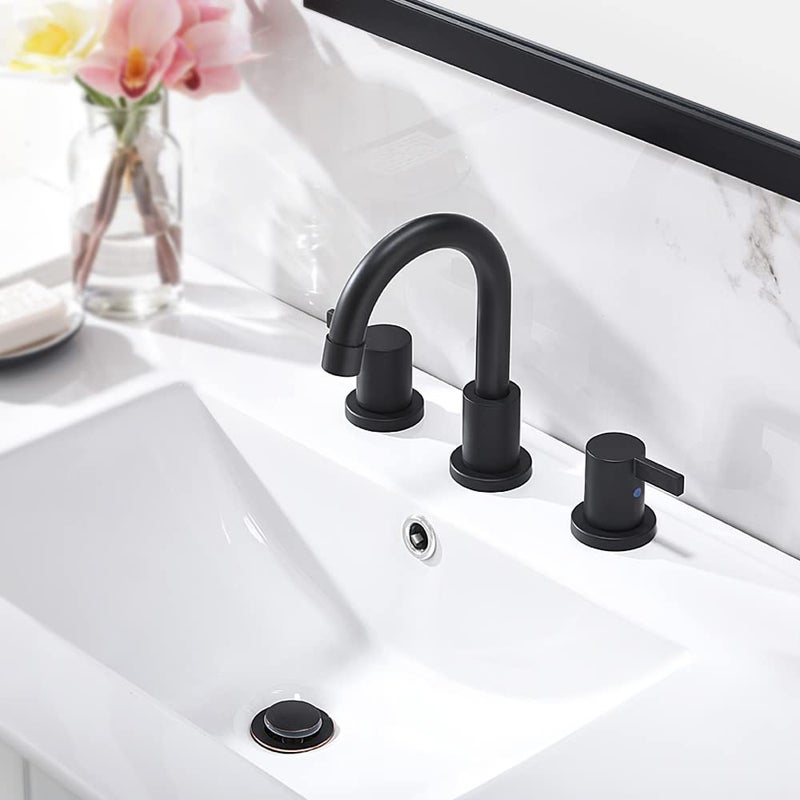 Phiestina 8 Inch 3-Hole Low-Arch 2-Handle Widespread Bathroom Faucet with Valve and Metal Pop-Up Drain Assembly,Matte Black, WF15-1-MB - Image 5